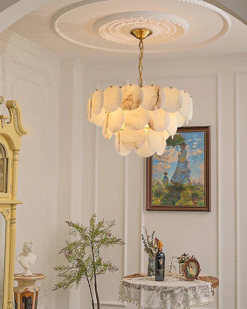 Multi layers Spanish White Alabaster Shell Marble Chandelier lamp in Brass - Image 3