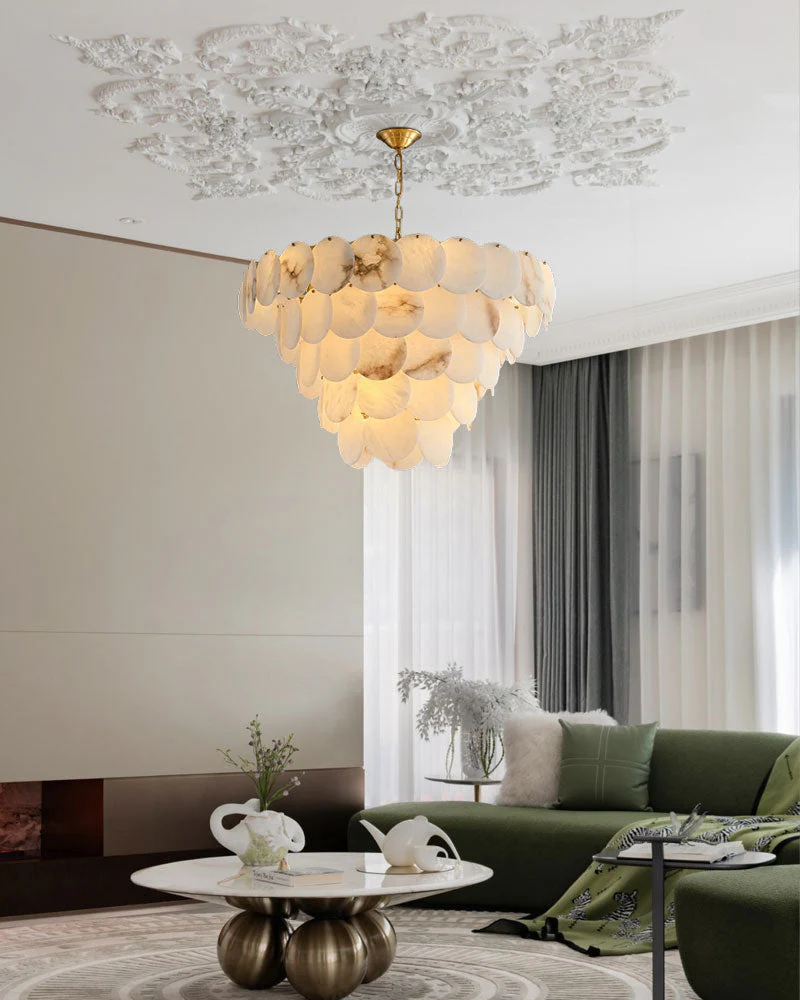 Multi layers Spanish White Alabaster Shell Marble Chandelier lamp in Brass - Image 4