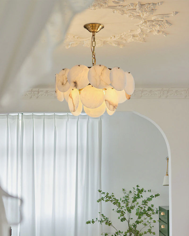 Multi layers Spanish White Alabaster Shell Marble Chandelier lamp in Brass - Image 7
