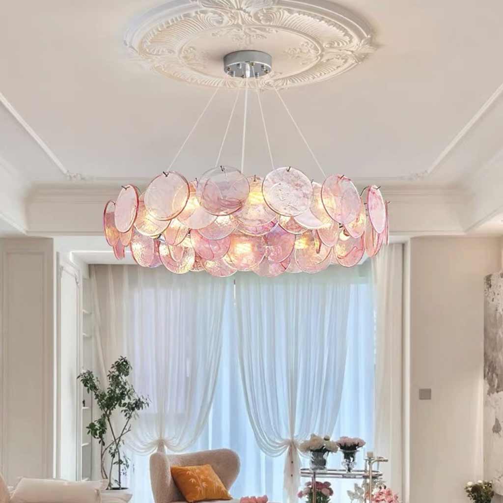 Murano Glass Disc Chandelier, Pink / Green - Image 6