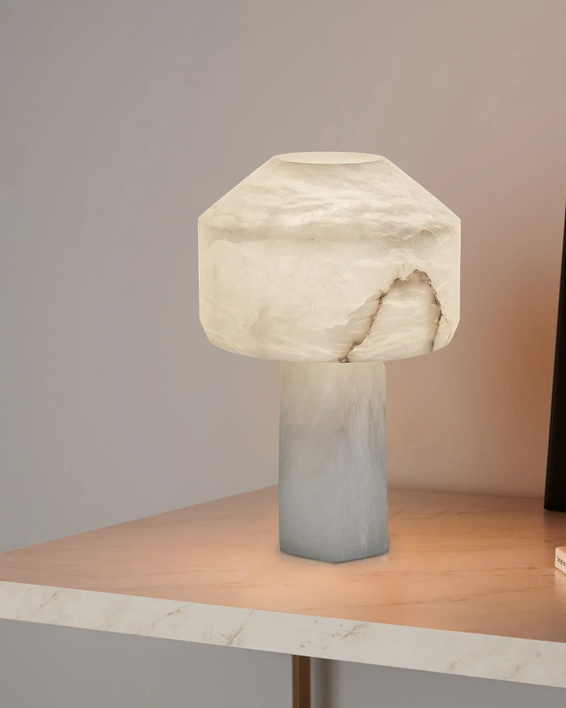 Nature Inspired Cylinder White Alabaster Short Table Lamp 8in for bedroom - Image 2