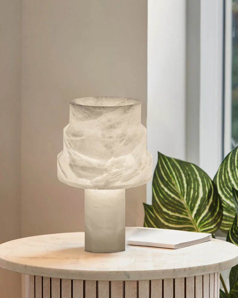 Nature Inspired Cylinder White Alabaster Short Table Lamp 8in for bedroom - Image 3