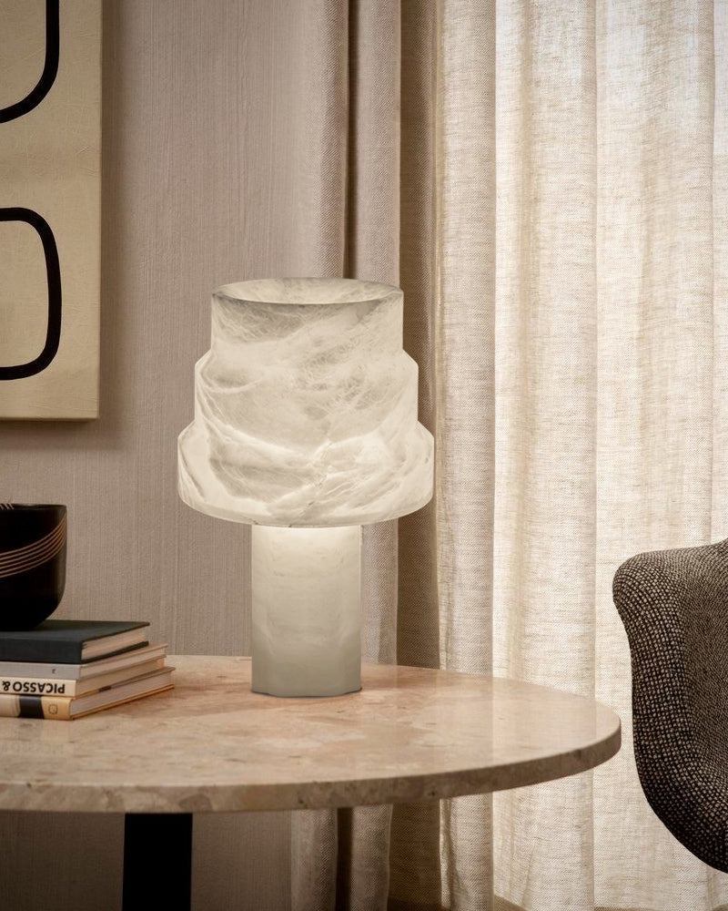 Nature Inspired Cylinder White Alabaster Short Table Lamp 8in for bedroom - Image 4