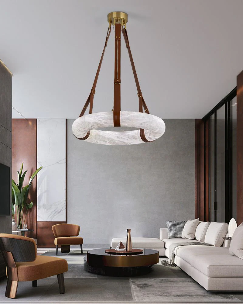 Oval Alabaster LED Large Pendant lamp with adjustable leather, Dia 16/24" - Image 19
