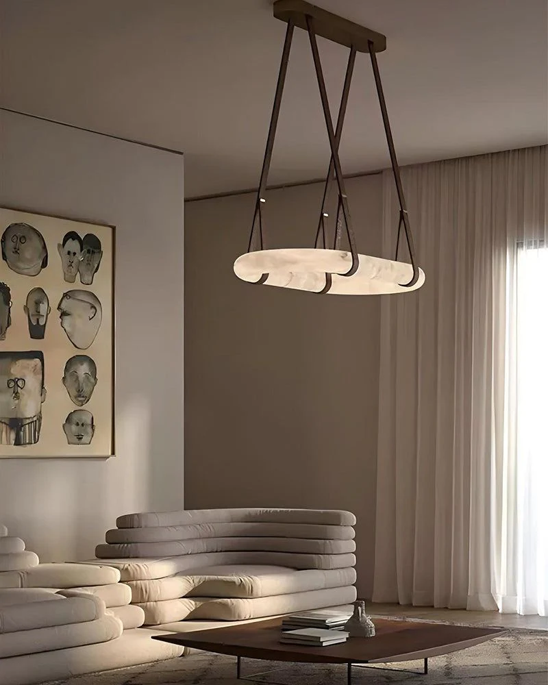 Oval Alabaster LED Large Pendant lamp with adjustable leather, Dia 16/24" - Image 2