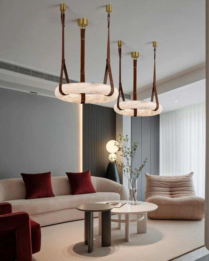 Oval Alabaster LED Large Pendant lamp with adjustable leather, Dia 16/24" - Image 4