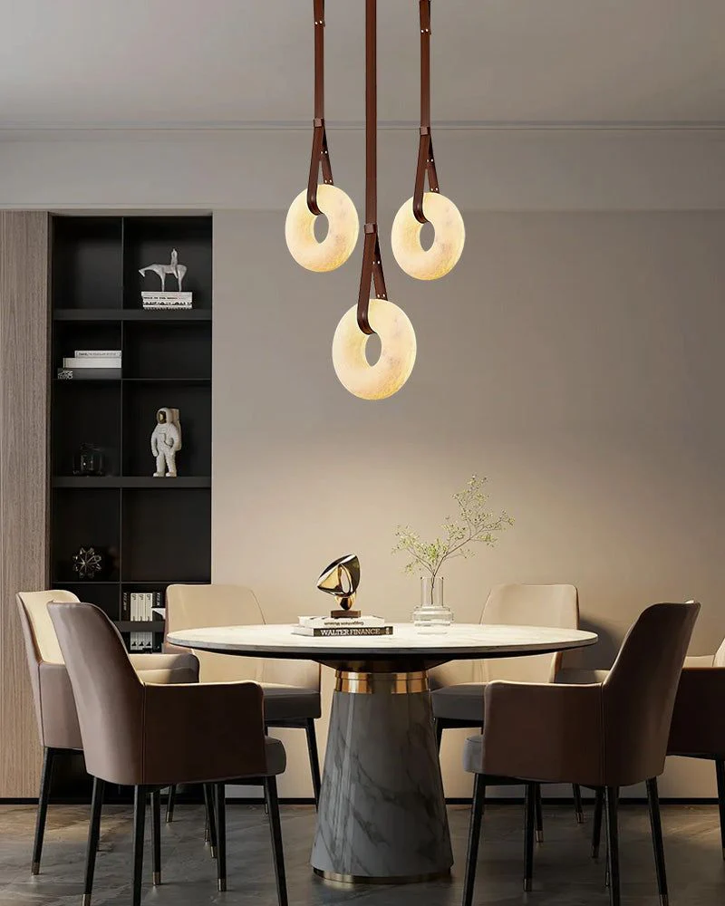 Oval Alabaster LED Large Pendant lamp with adjustable leather, Dia 16/24" - Image 5