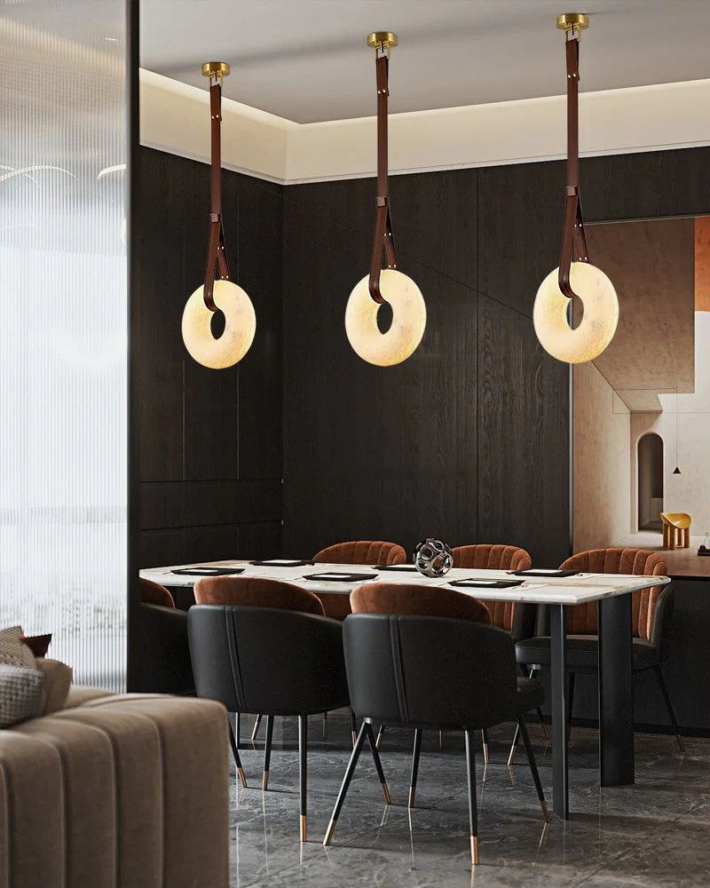 Oval Alabaster LED Large Pendant lamp with adjustable leather, Dia 16/24" - Image 7