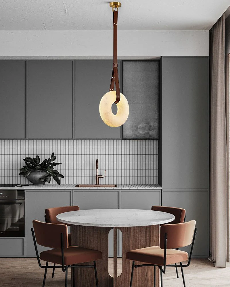 Round LED White Marble Pendant lamp with adjustable leather, Dia 12/16" - Image 12