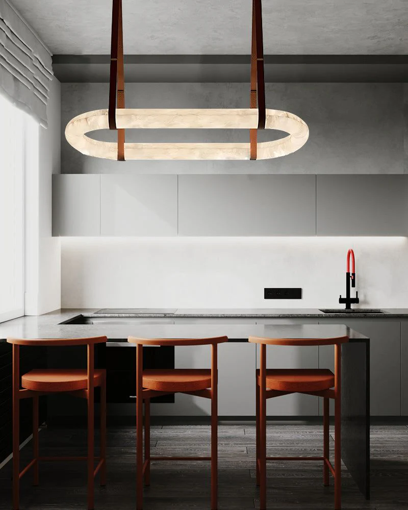 Round LED White Marble Pendant lamp with adjustable leather, Dia 12/16" - Image 14