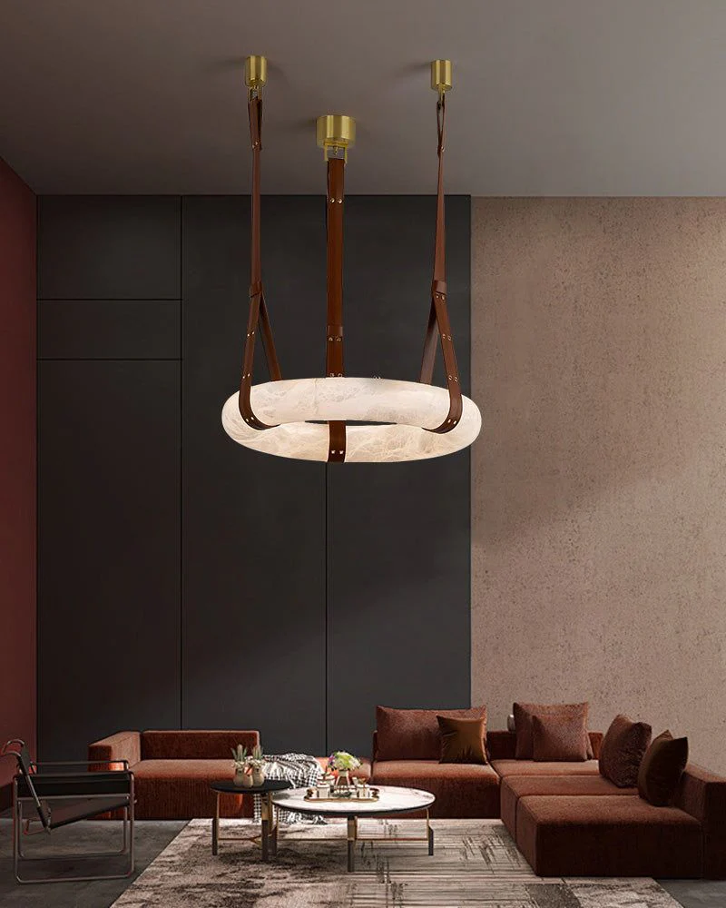 Round LED White Marble Pendant lamp with adjustable leather, Dia 12/16" - Image 4
