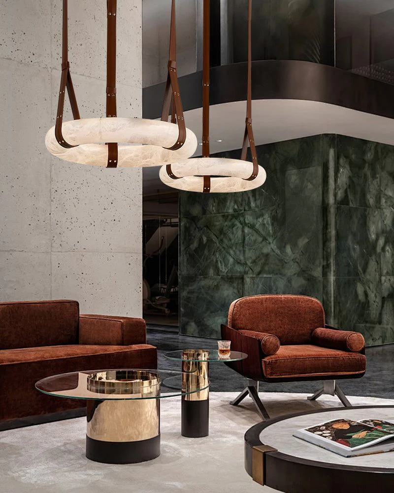 Round LED White Marble Pendant lamp with adjustable leather, Dia 12/16" - Image 5