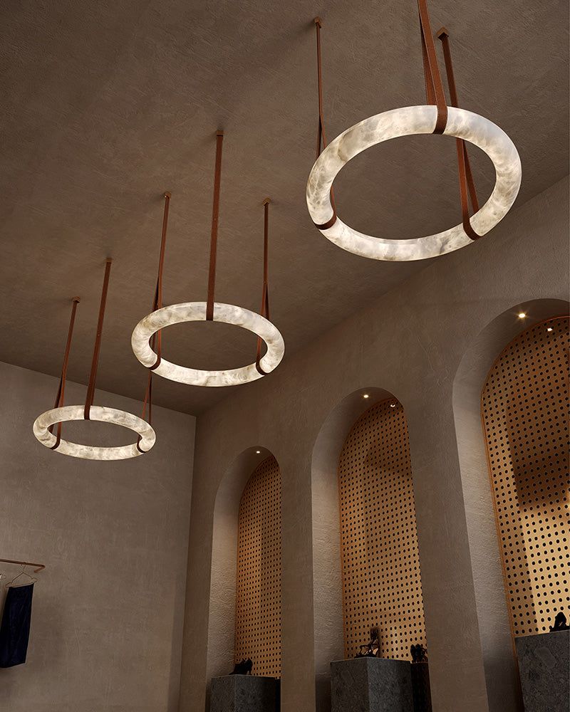Round LED White Marble Pendant lamp with adjustable leather, Dia 12/16" - Image 6