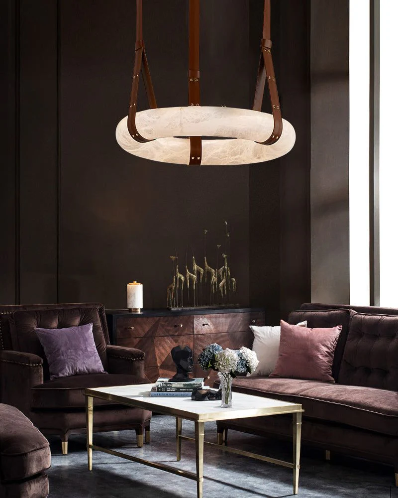 Round LED White Marble Pendant lamp with adjustable leather, Dia 12/16" - Image 7