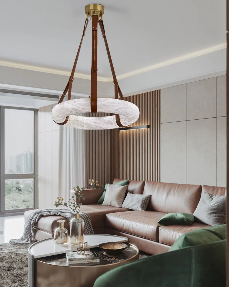 Round LED White Marble Pendant lamp with adjustable leather, Dia 12/16" - Image 8