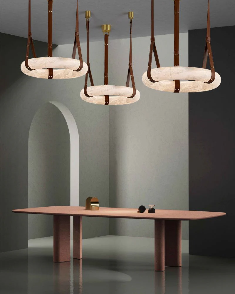 Round LED White Marble Pendant lamp with adjustable leather, Dia 12/16" - Image 9