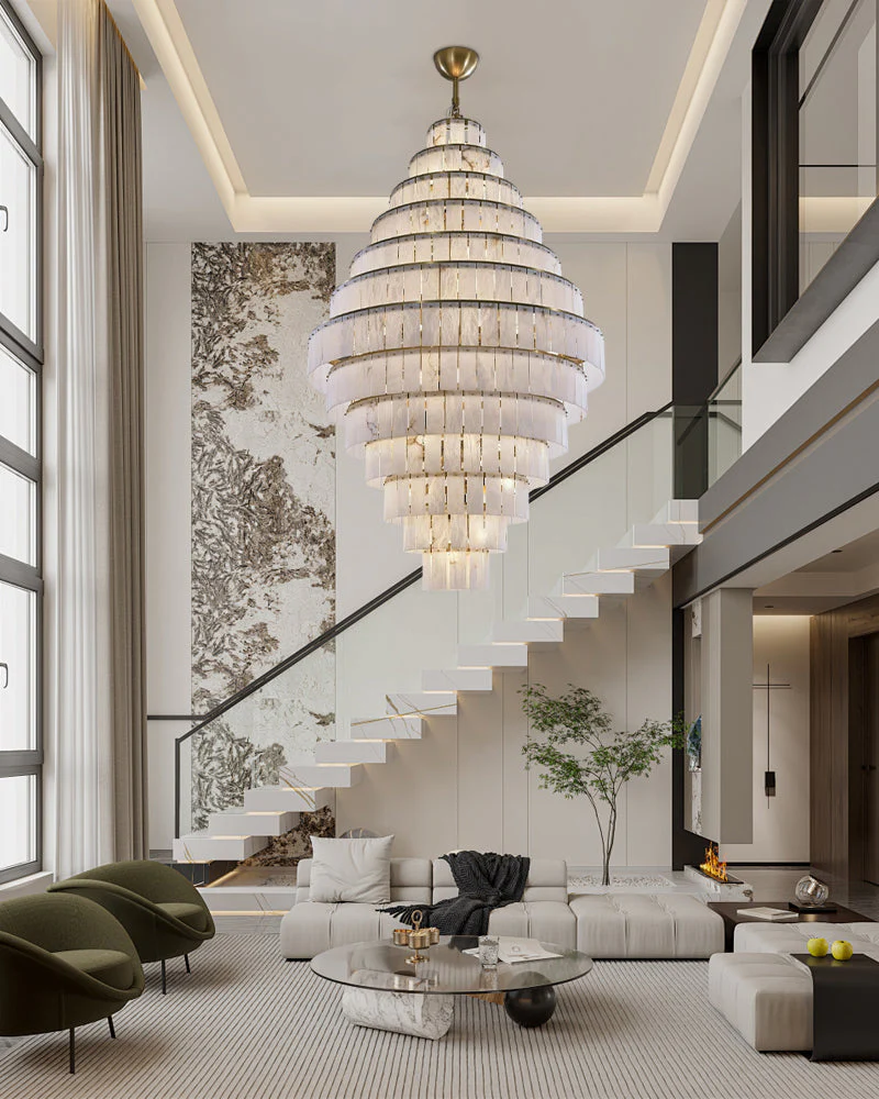 Stairwell Luxury Modern LED High Ceiling Large Alabaster Chandelier - Image 13