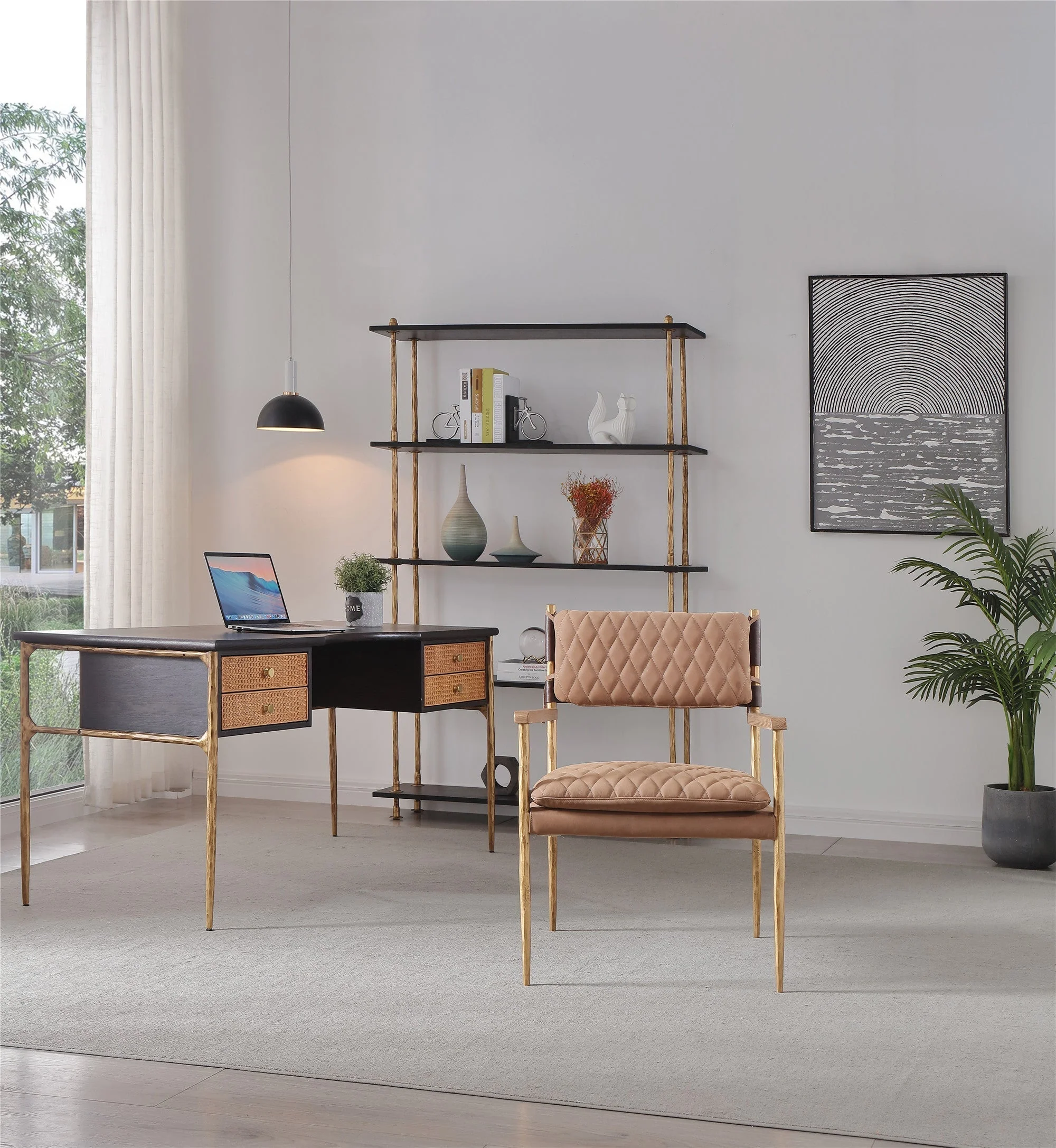 Hand-Forged Metal Retro Brass Iron Frame Rattan Desk - Image 2