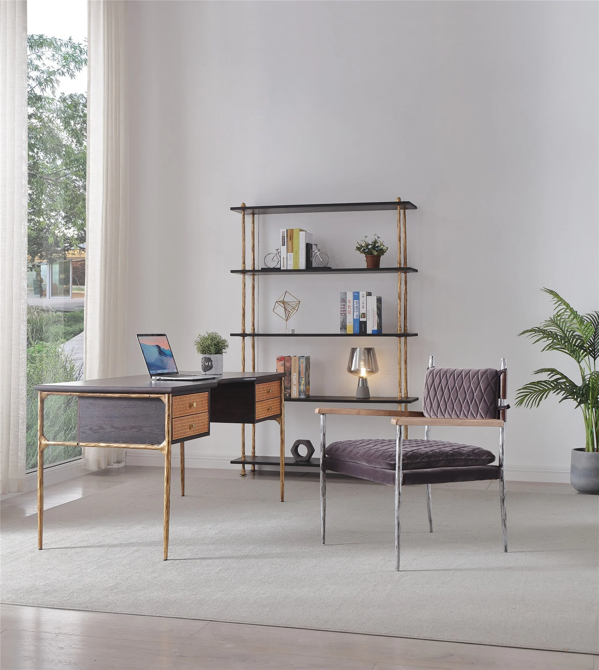 Hand-Forged Metal Retro Brass Iron Frame Rattan Desk - Image 3