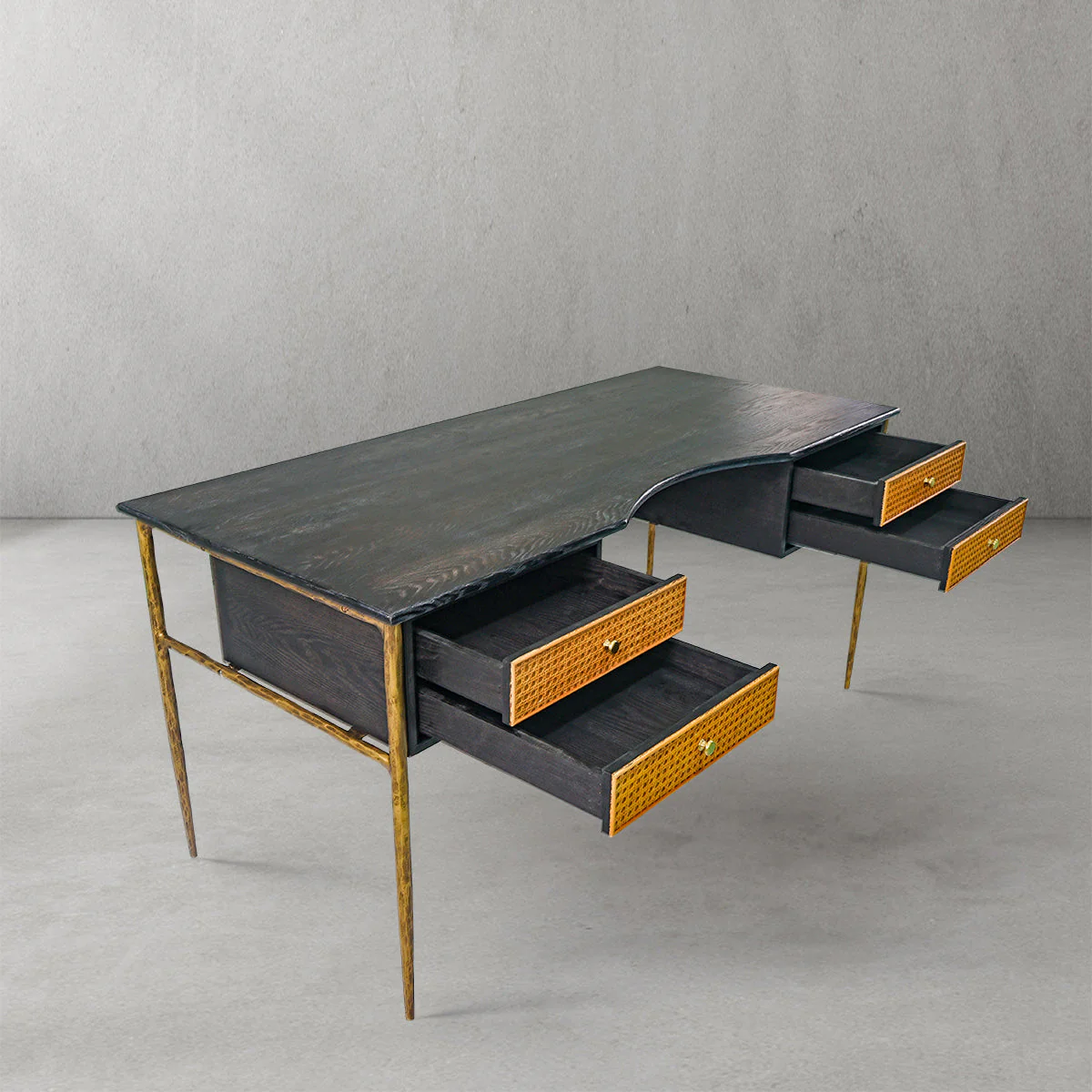 Hand-Forged Metal Retro Brass Iron Frame Rattan Desk - Image 4
