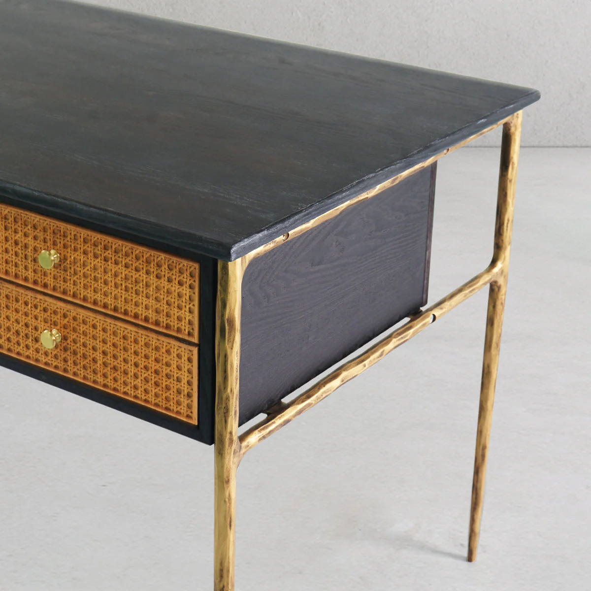 Hand-Forged Metal Retro Brass Iron Frame Rattan Desk - Image 6