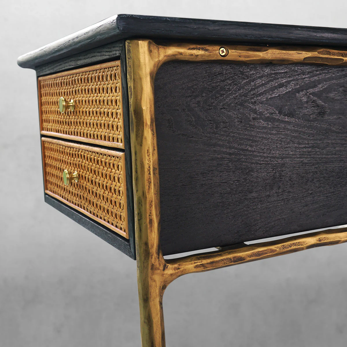 Hand-Forged Metal Retro Brass Iron Frame Rattan Desk - Image 7