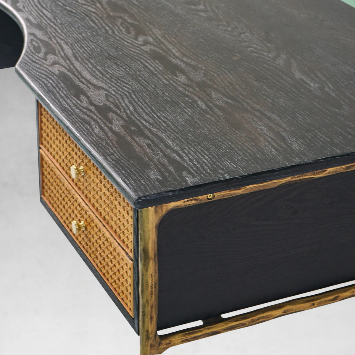 Hand-Forged Metal Retro Brass Iron Frame Rattan Desk - Image 8