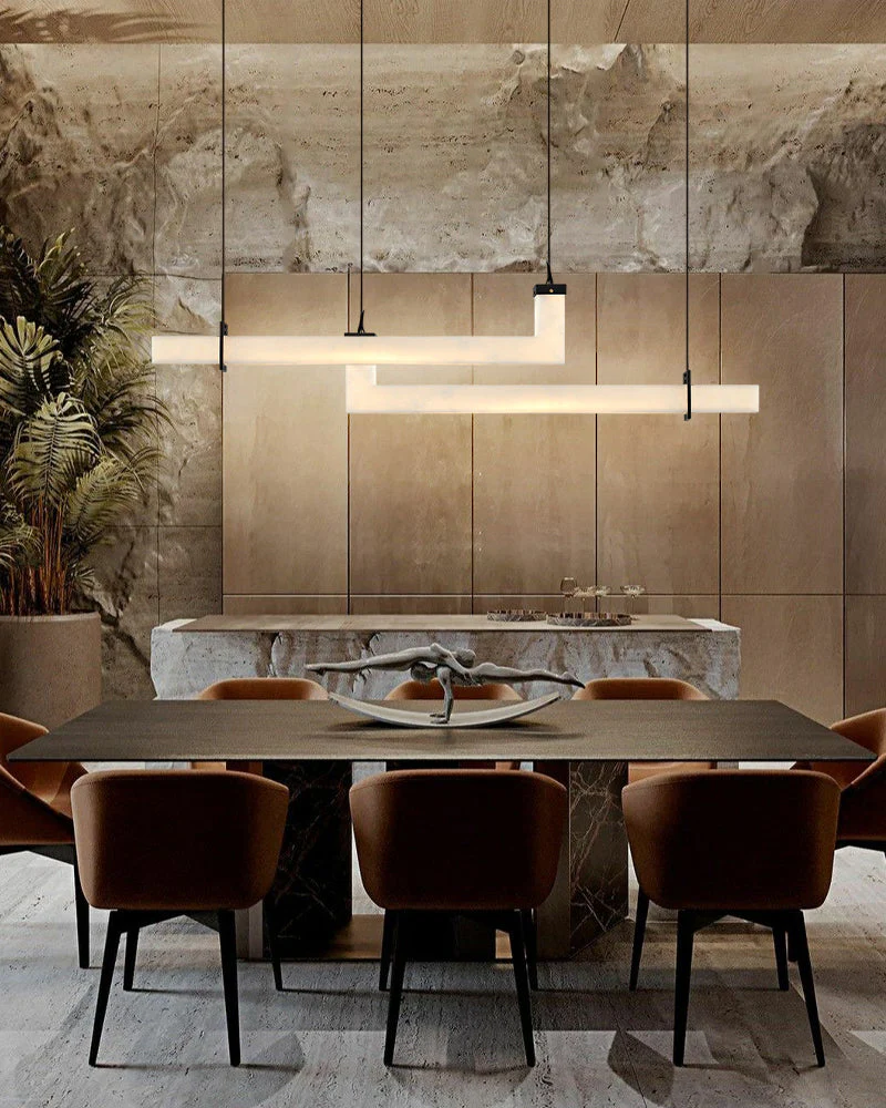 Up & Down Lighting Linear Brown Leather Alabaster Linear Pendant Lights Long 39“ 47” - Image 2