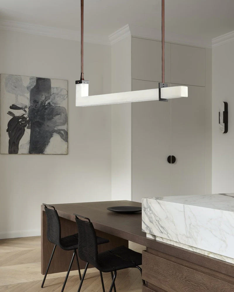 Up & Down Lighting Linear Brown Leather Alabaster Linear Pendant Lights Long 39“ 47” - Image 6