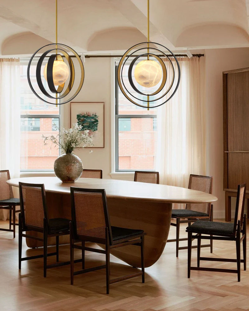 White Alabaster Round Ceiling Pendant Lamp - Gold & Bronze Rotatable Ring - Image 11