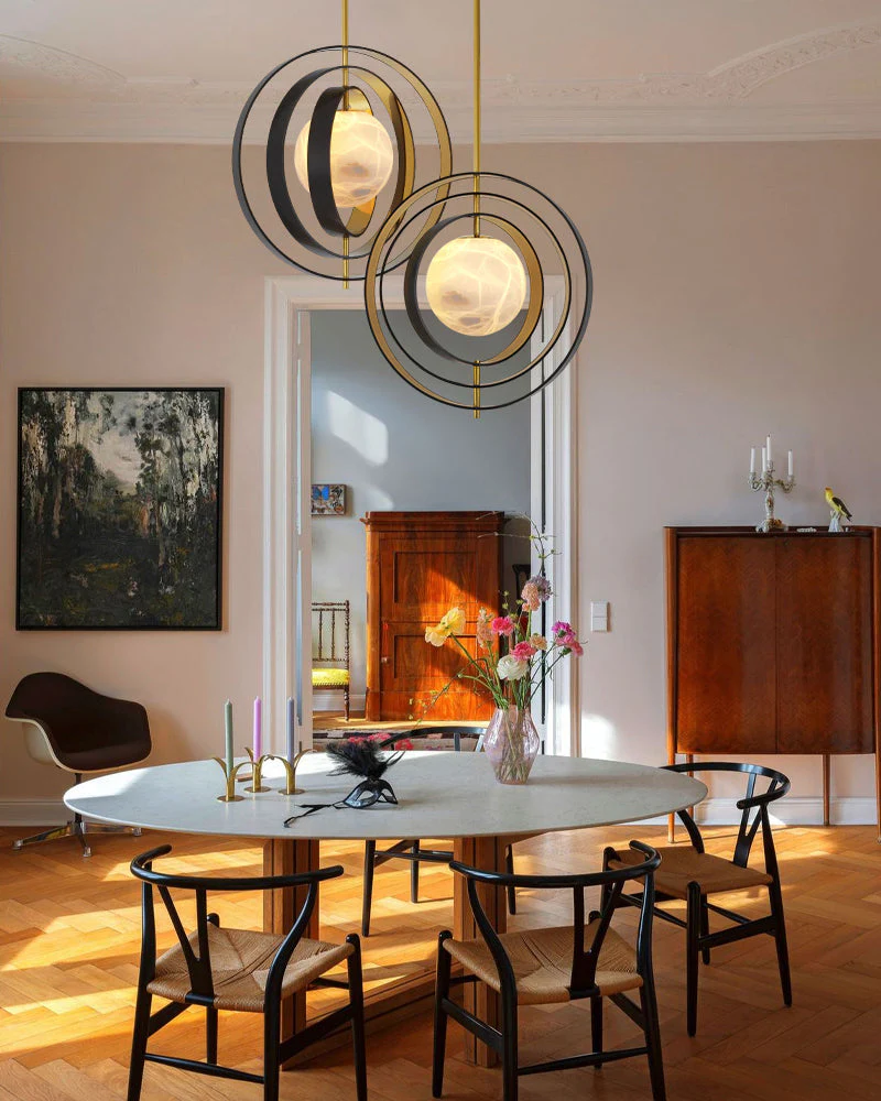 White Alabaster Round Ceiling Pendant Lamp - Gold & Bronze Rotatable Ring - Image 2