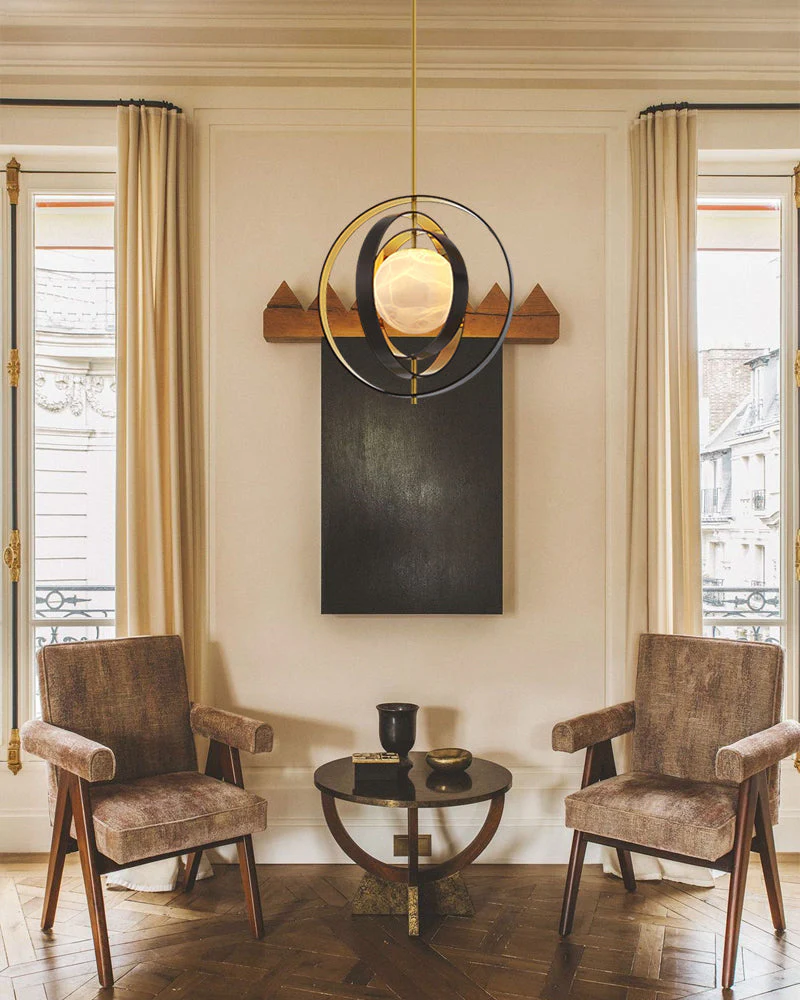 White Alabaster Round Ceiling Pendant Lamp - Gold & Bronze Rotatable Ring - Image 4