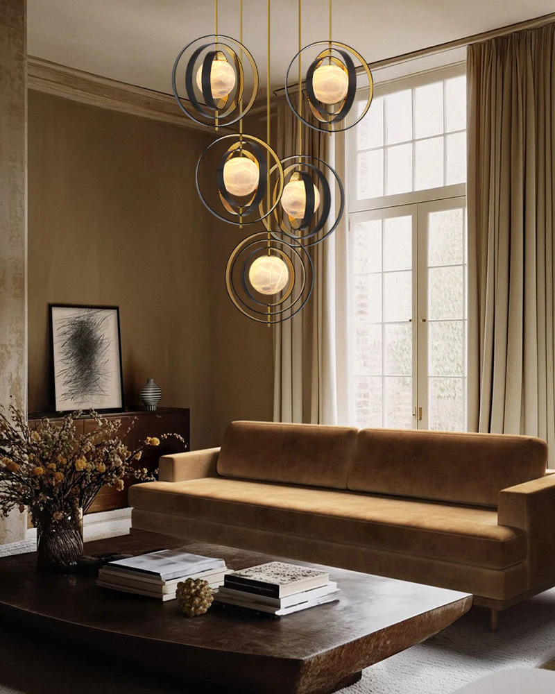 White Alabaster Round Ceiling Pendant Lamp - Gold & Bronze Rotatable Ring - Image 5
