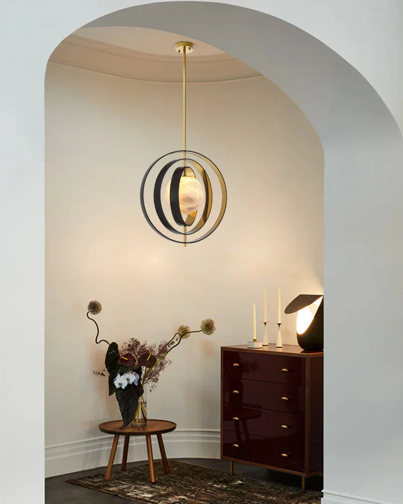 White Alabaster Round Ceiling Pendant Lamp - Gold & Bronze Rotatable Ring - Image 6