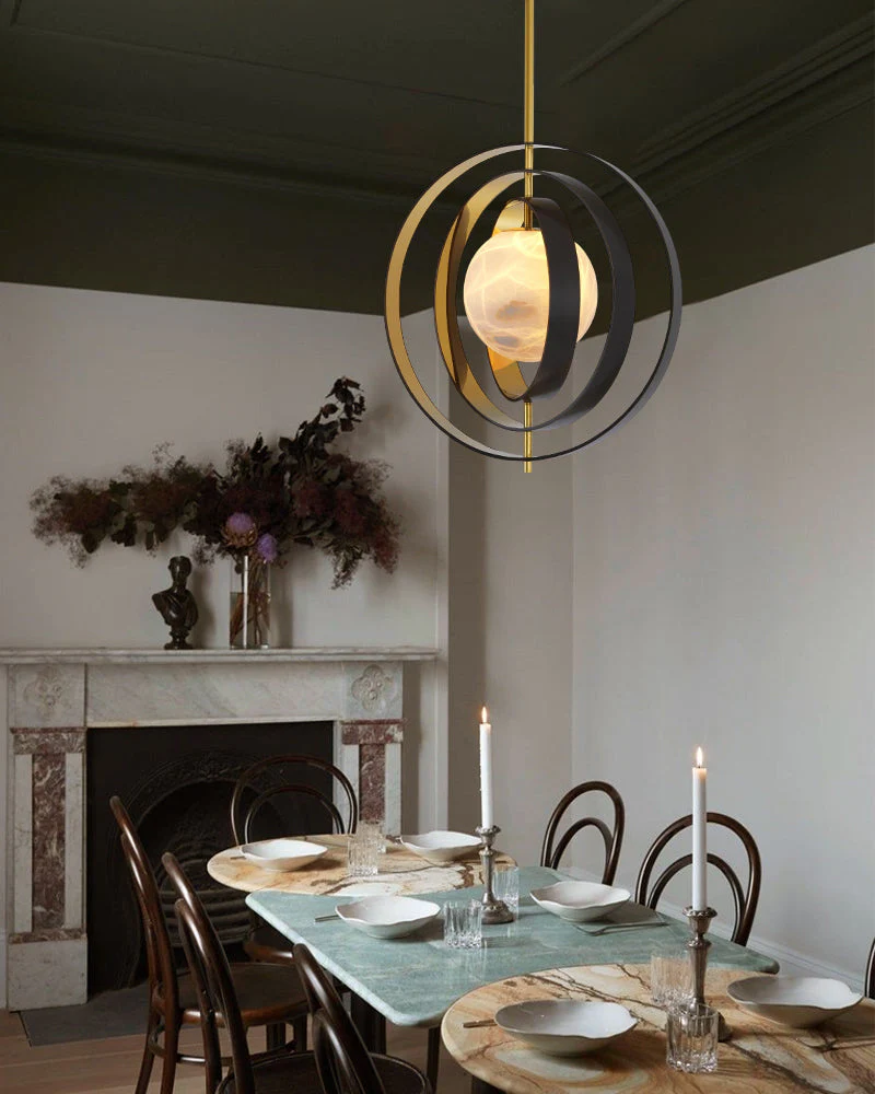 White Alabaster Round Ceiling Pendant Lamp - Gold & Bronze Rotatable Ring - Image 7